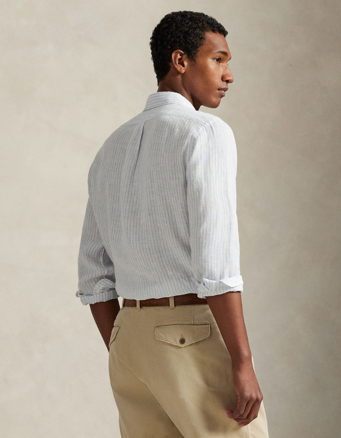 custom fit striped linen shirt in white blue