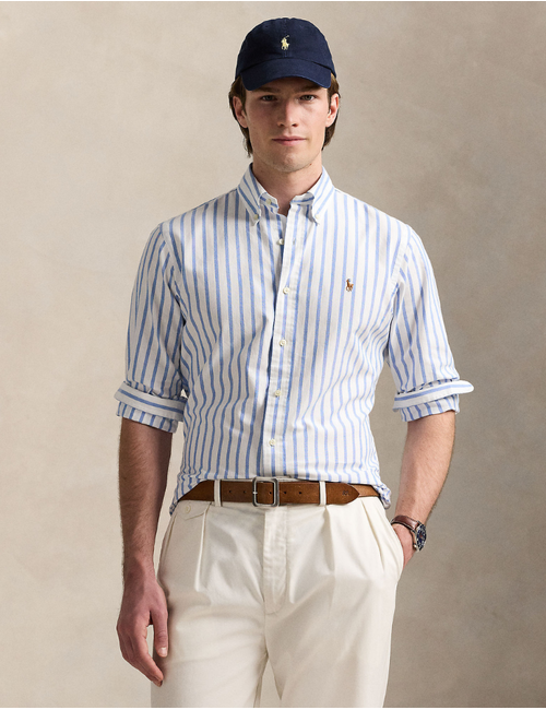 custom fit striped oxford shirt in blue white