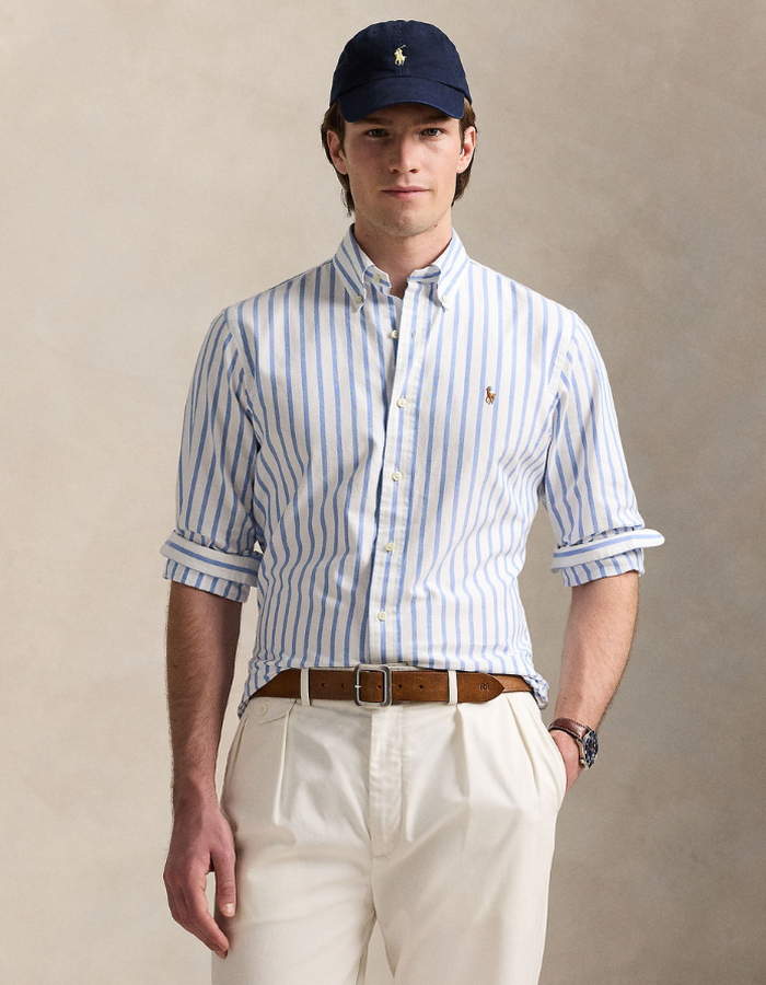 custom fit striped oxford shirt in blue white