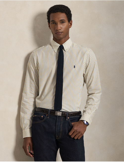 custom fit striped broadcloth shirt in white coastal beige