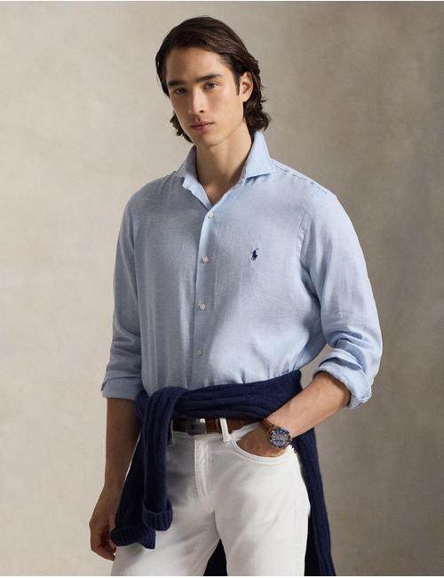 custom fit herringbone linen blend shirt in blue white