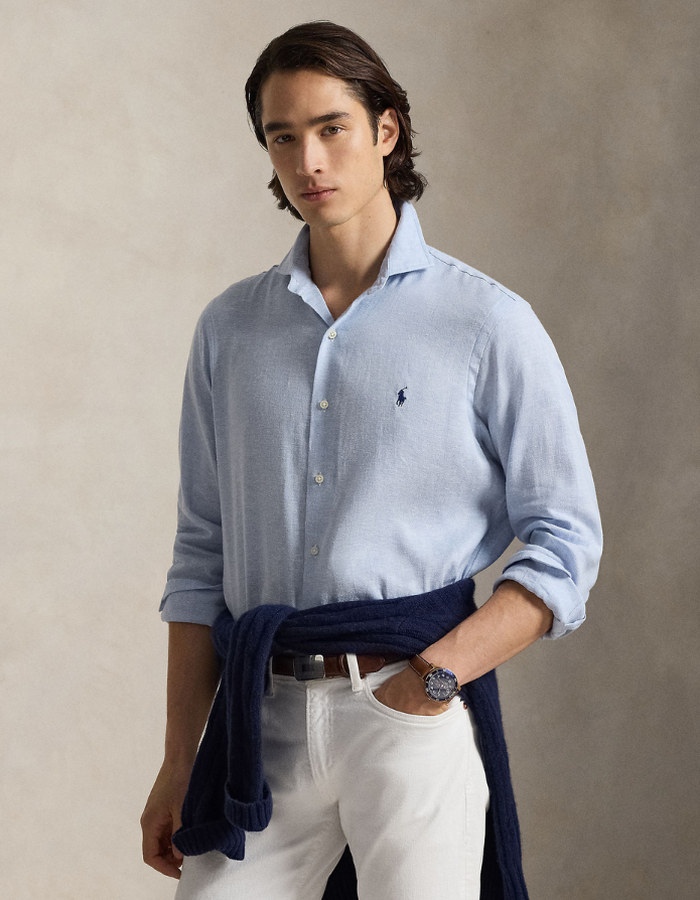 custom fit herringbone linen blend shirt in blue white