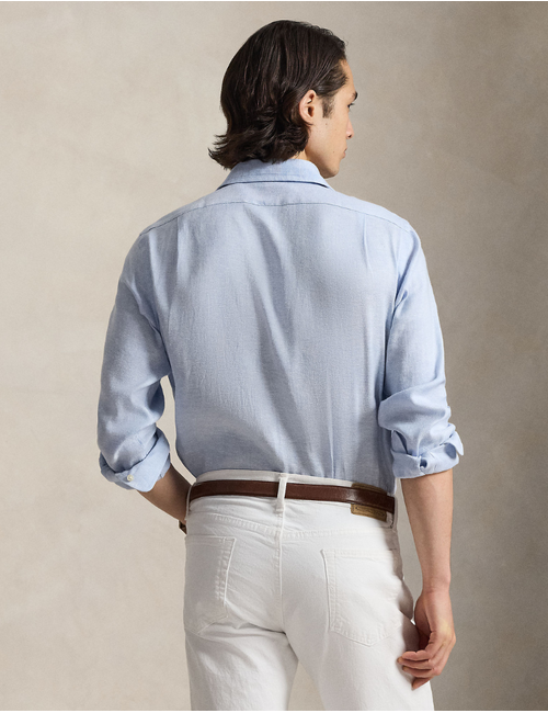 custom fit herringbone linen blend shirt in blue white