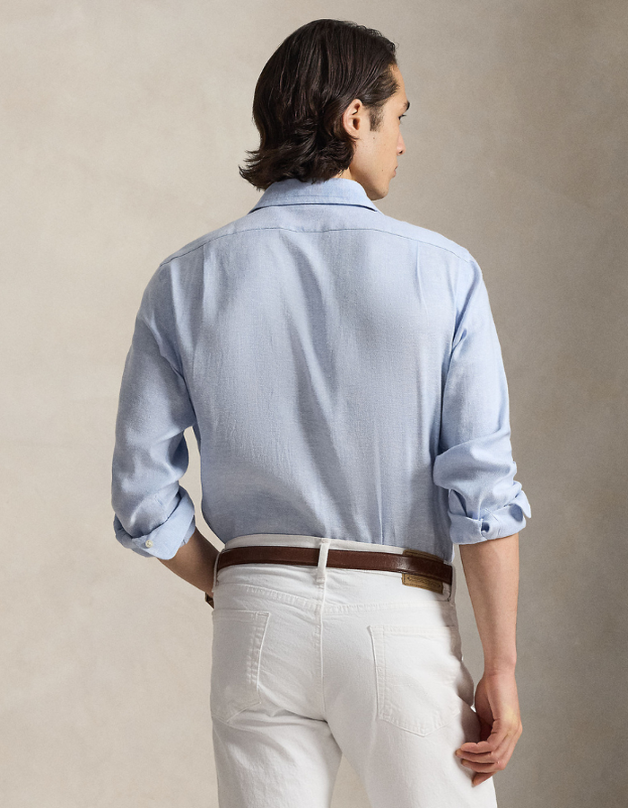 custom fit herringbone linen blend shirt in blue white