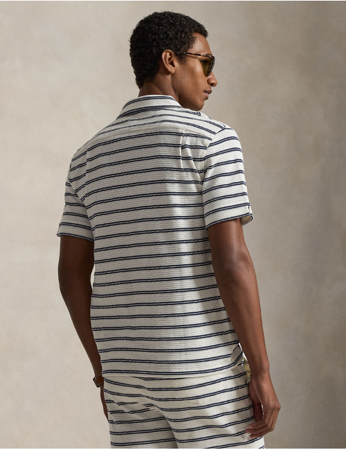 striped pointelle ribbed camp shirt in pale cream newport navy