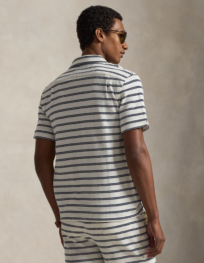 striped pointelle ribbed camp shirt in pale cream newport navy