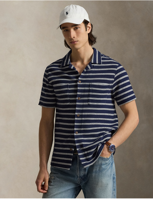 striped pointelle ribbed camp shirt in newport navy pale cream
