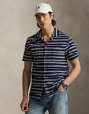 striped pointelle ribbed camp shirt in newport navy pale cream
