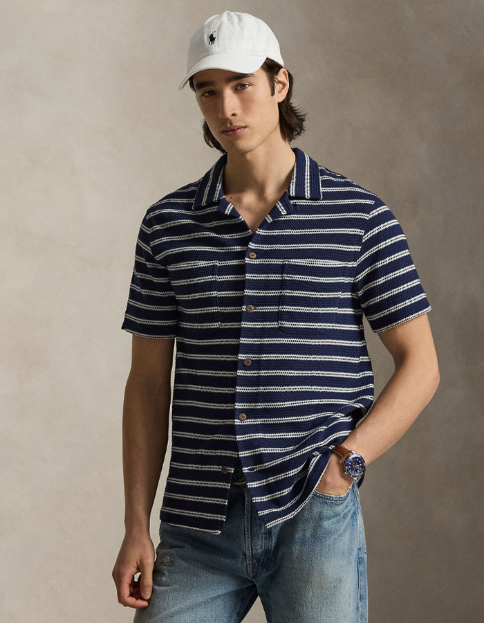 striped pointelle ribbed camp shirt in newport navy pale cream
