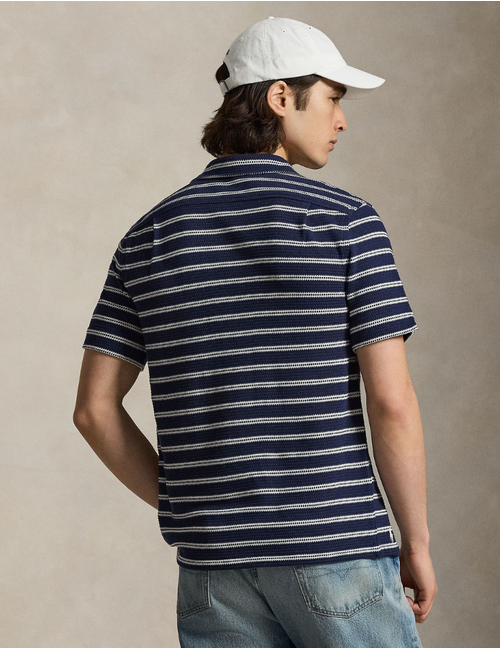 striped pointelle ribbed camp shirt in newport navy pale cream