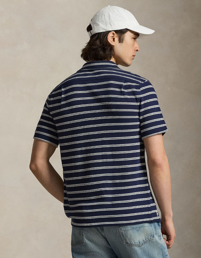 striped pointelle ribbed camp shirt in newport navy pale cream