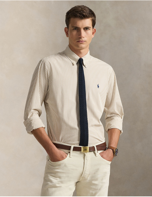 slim fit striped stretch poplin shirt in coastal beige white