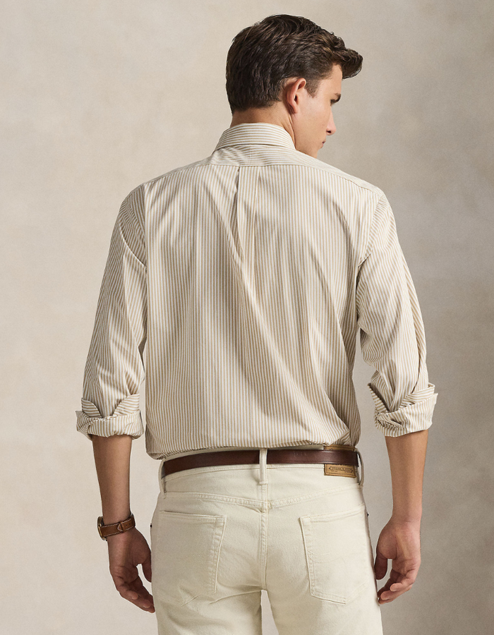 slim fit striped stretch poplin shirt in coastal beige white