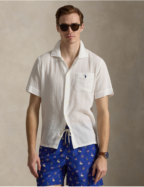 classic fit basket weave camp shirt in white