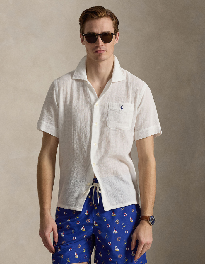 classic fit basket weave camp shirt in white