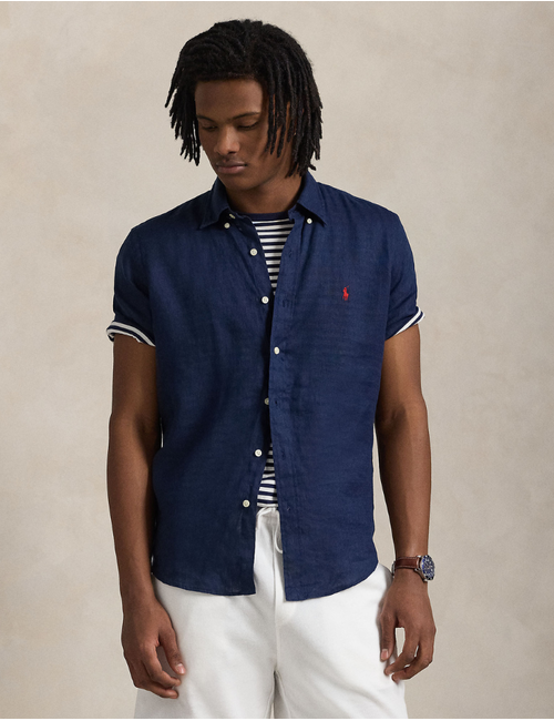 custom fit linen shirt in newport navy