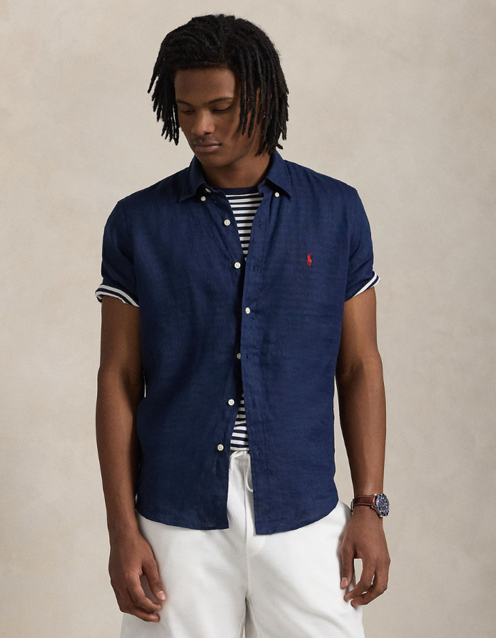 custom fit linen shirt in newport navy