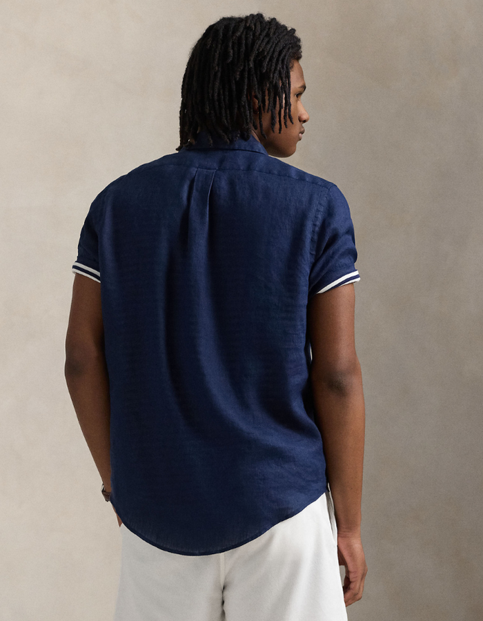 custom fit linen shirt in newport navy