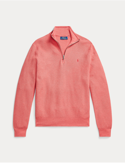 mesh knit cotton quarter zip sweater in cherry pink heather