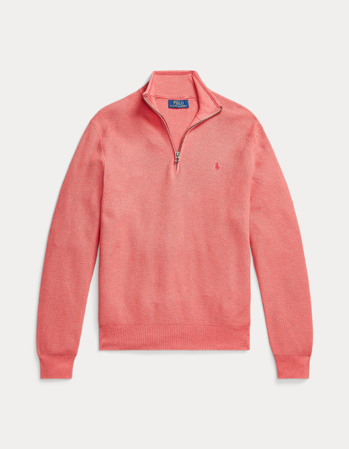 mesh knit cotton quarter zip sweater in cherry pink heather