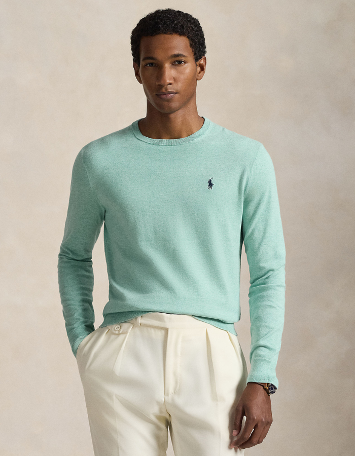 slim fit textured cotton sweater in green swallow heather