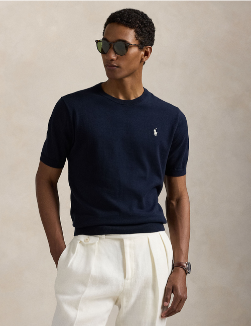 cotton crewneck short sleeve sweater in hunter navy