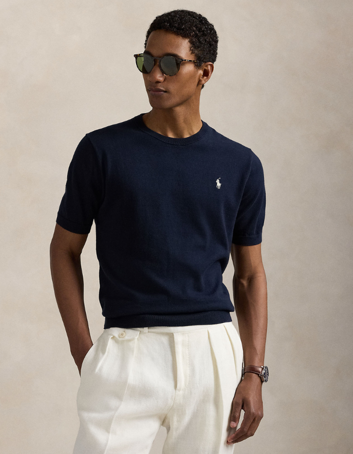 cotton crewneck short sleeve sweater in hunter navy
