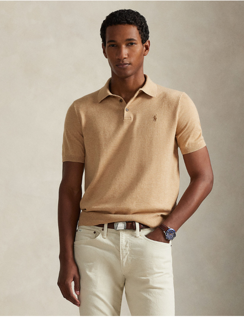 cotton polo collar sweater in camel melange