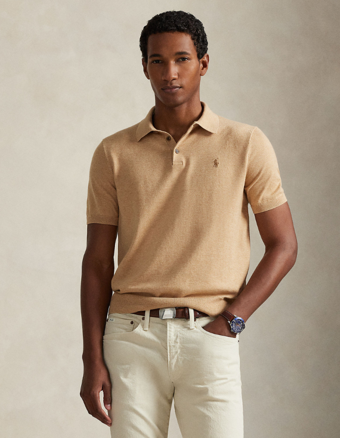 cotton polo collar sweater in camel melange
