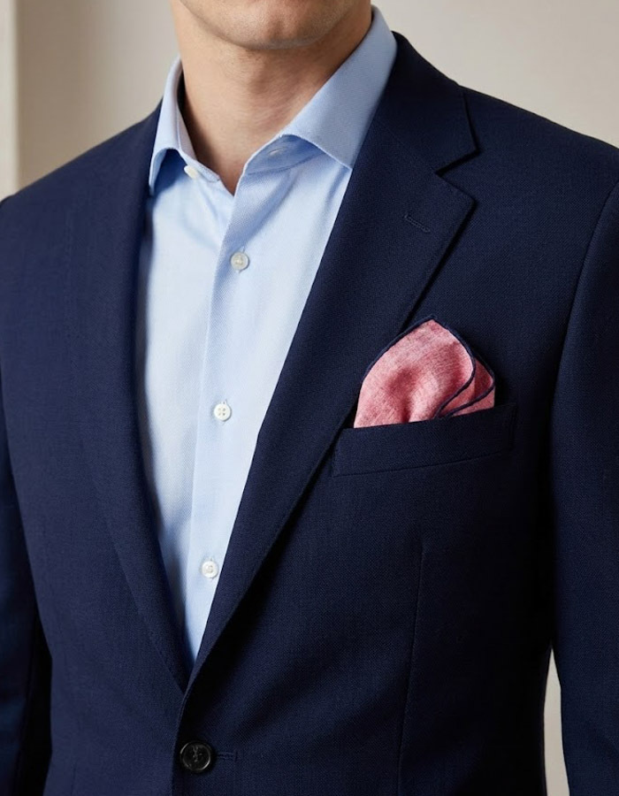 Luxe 100 procent zijden pochet in roze met marineblauwe bies