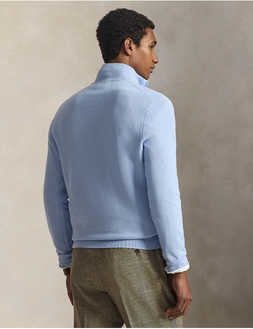 mesh knit cotton quarter zip sweater in office blue