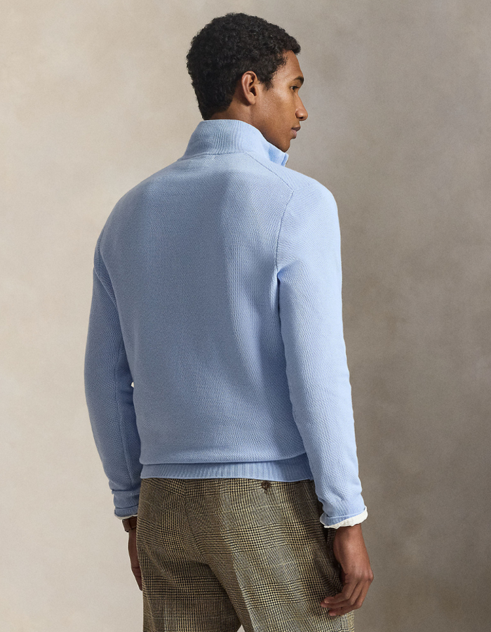 mesh knit cotton quarter zip sweater in office blue