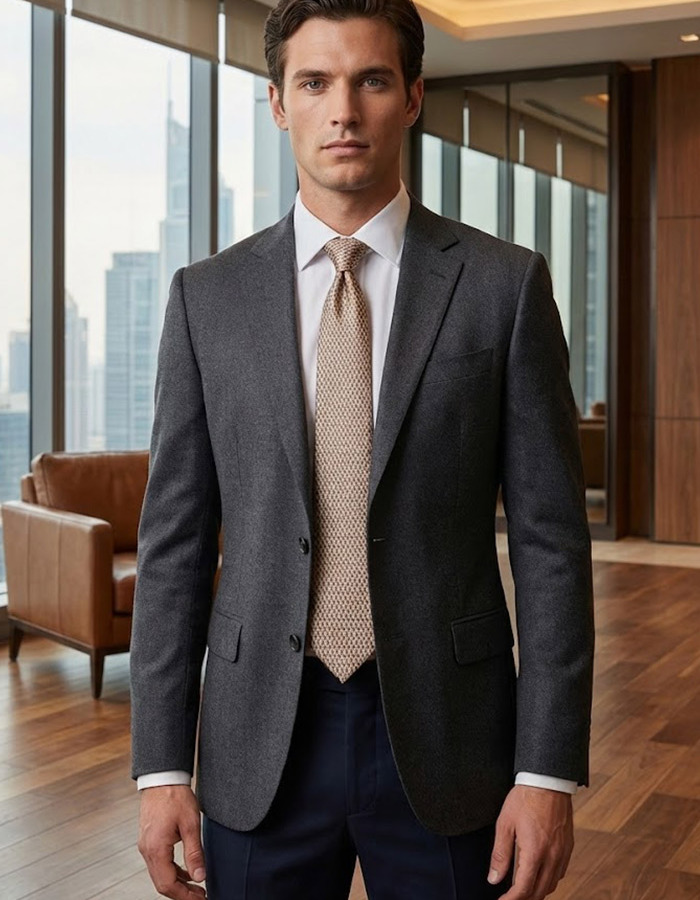 Luxe zijden das met fijn structuurdessin in zandkleur