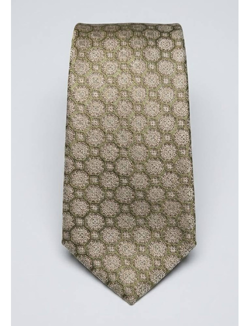 Luxe zijden das met medaillon dessin in olijfgroen en beige