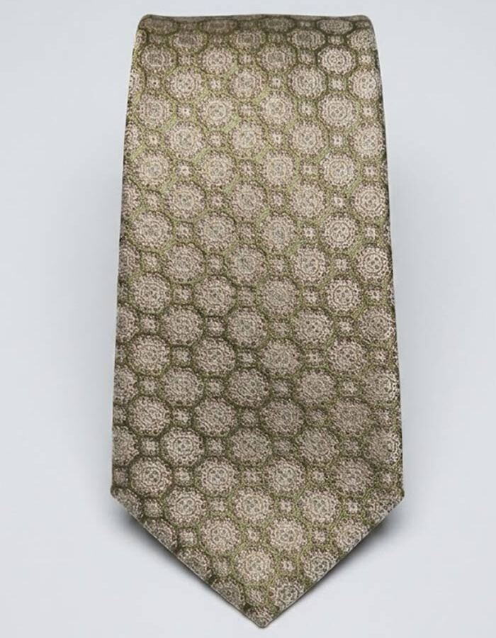 Luxe zijden das met medaillon dessin in olijfgroen en beige