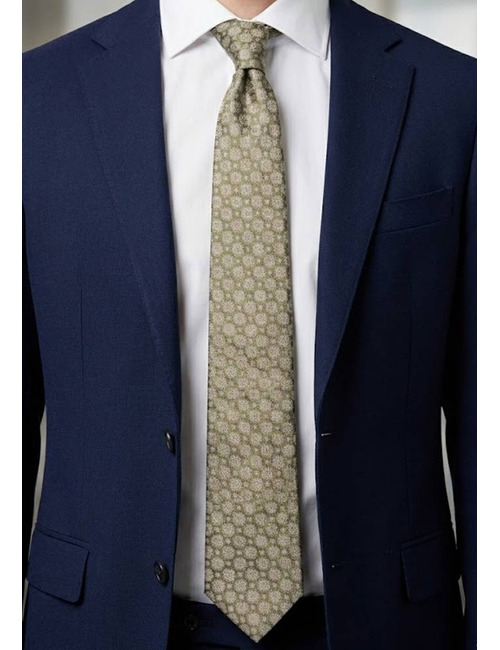 Luxe zijden das met medaillon dessin in olijfgroen en beige