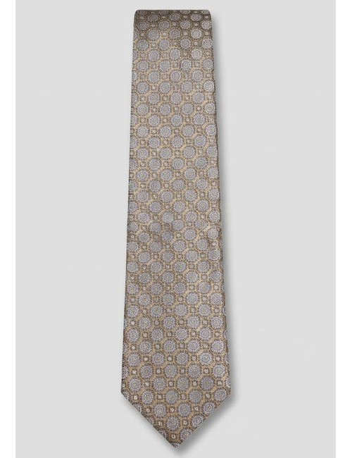 Luxe zijden das met verfijnd medaillon dessin in beige en lichtblauw