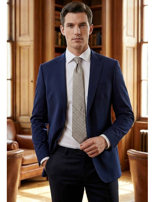 Luxe zijden das met verfijnd medaillon dessin in beige en lichtblauw