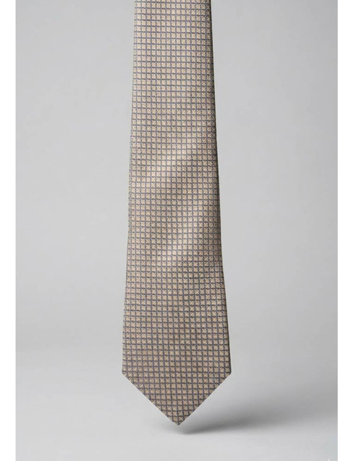 Luxe zijden das met fijn ruitdessin in beige en blauw