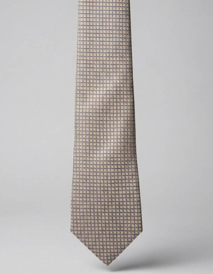 Luxe zijden das met fijn ruitdessin in beige en blauw