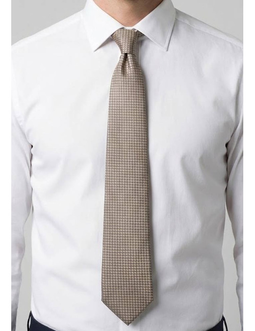 Luxe zijden das met fijn ruitdessin in beige en blauw