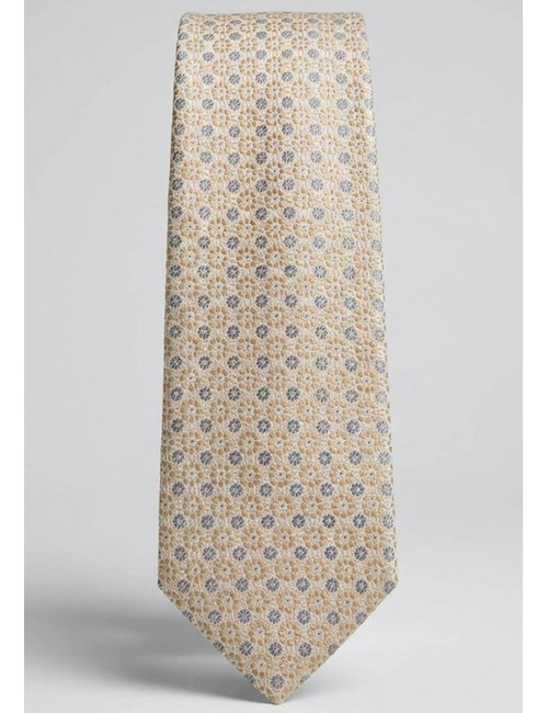 Luxe zijden das met verfijnd dessin in beige en lichtblauw