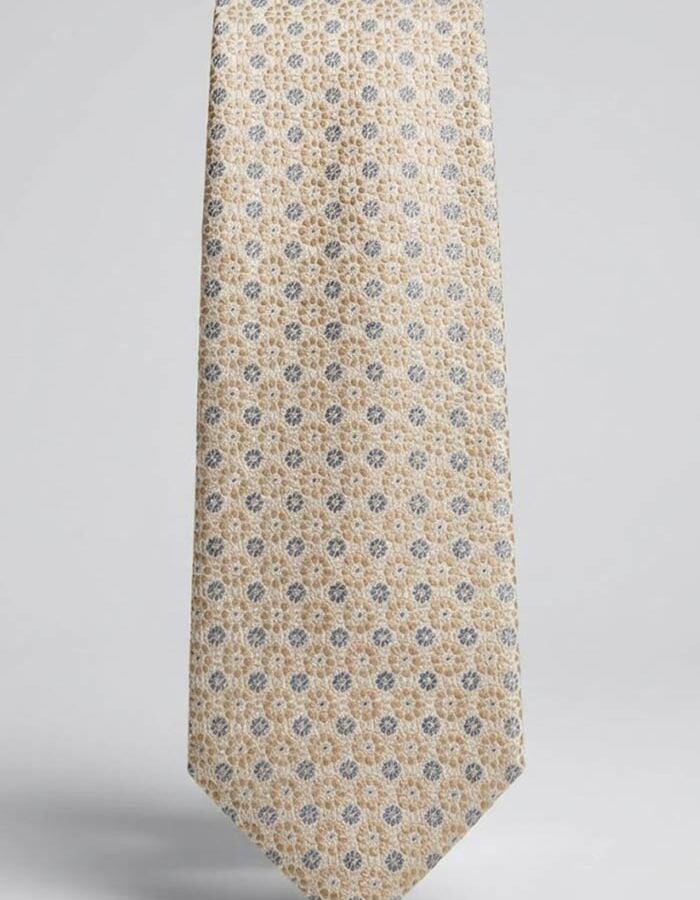 Luxe zijden das met verfijnd dessin in beige en lichtblauw