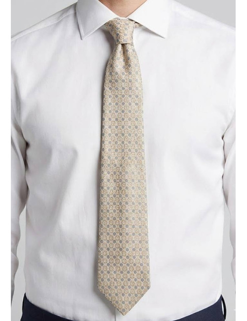 Luxe zijden das met verfijnd dessin in beige en lichtblauw