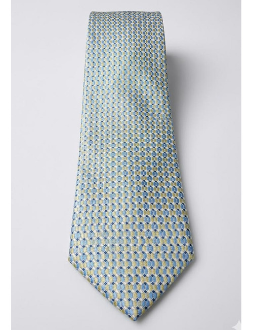 Luxe zijden das met grafisch dessin in lichtblauw en geel