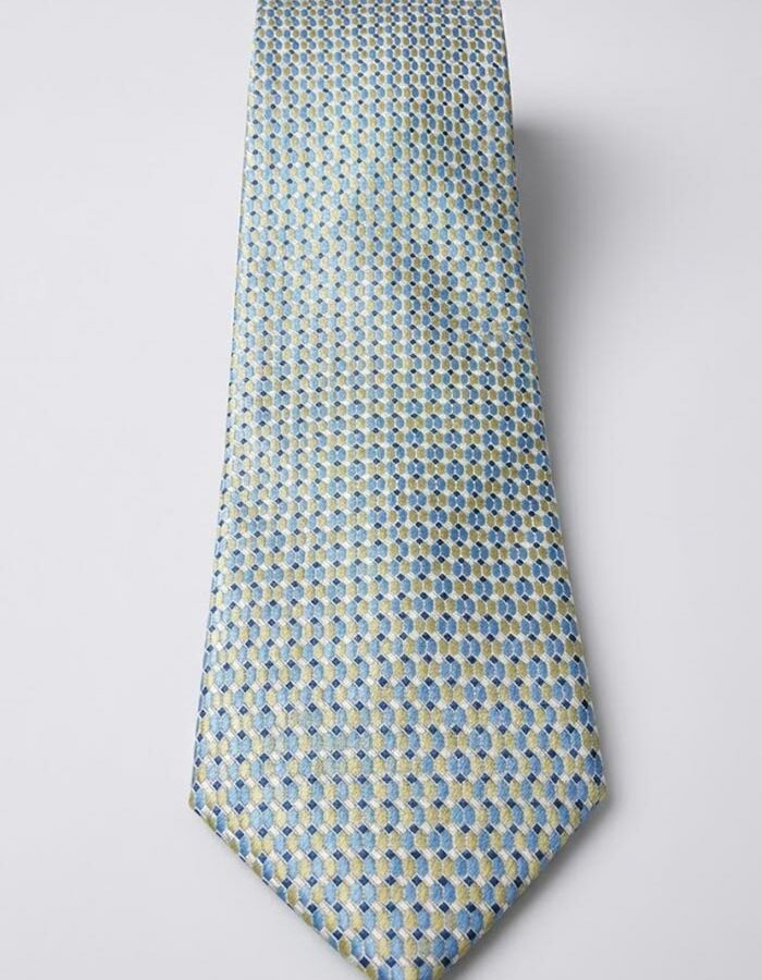 Luxe zijden das met grafisch dessin in lichtblauw en geel