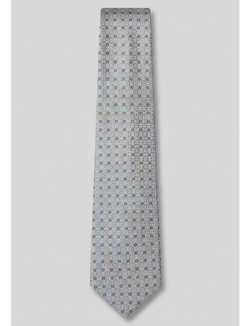 Luxe zijden das met verfijnd medaillon dessin in lichtblauw en beige