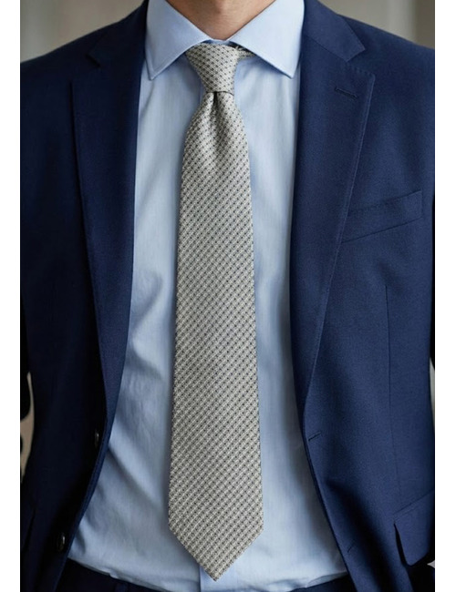 Luxe zijden das met microdessin in lichtgrijs en beige