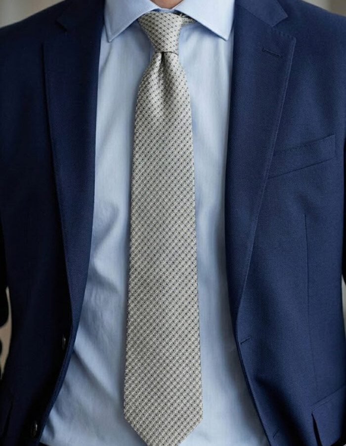 Luxe zijden das met microdessin in lichtgrijs en beige