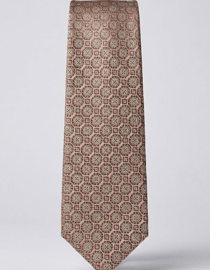 Luxe zijden das met klassiek medaillon dessin in bruintinten